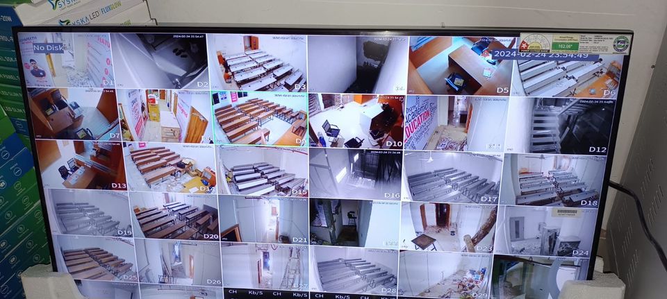 NVR monitoring wall showing classroom camera feeds across a campus