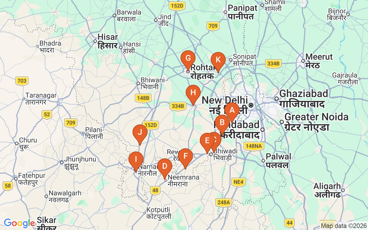 Map of Logikdesk's CCTV and security installation coverage area across Gurgaon, Manesar, Bhiwadi, Neemrana, Dharuhera, Bawal, Rohtak, Jhajjar, Narnaul, Mahendergarh, Kharkhoda in Delhi NCR and the Haryana–Rajasthan industrial belt